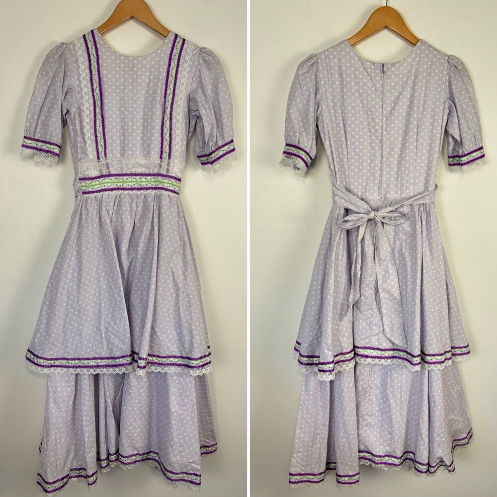 Vtg 70s Prairie Dress Lavender Lavender Polka Dot Lace Trimmed Square Dance XS